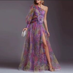 Women’s Floral One Shoulder Lightweight Dress Leg Slit Cut Outs Size small